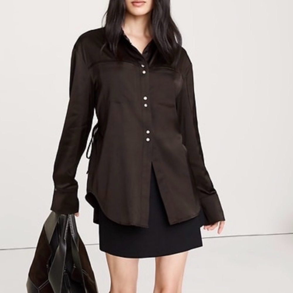 Ganache Brown Stretch-Satin Button-Up Cinch Back Shirt